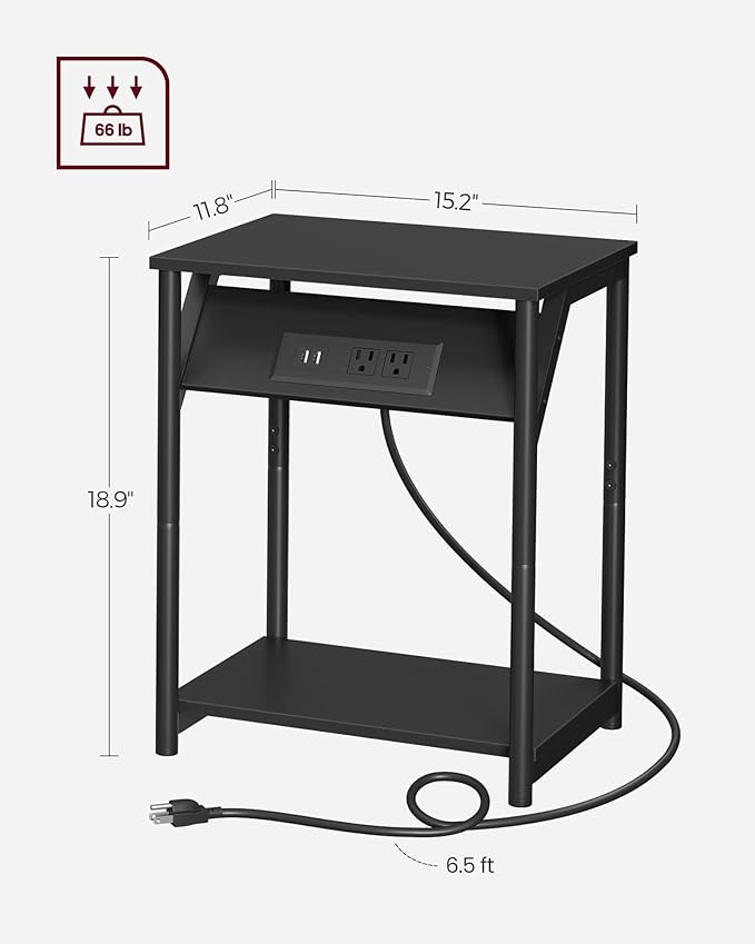 VASAGLE End Table with Charging Station, Set of 2, Small Side Tables for Living Room, Bedroom, Nightstand with Outlets and USB Ports, Bedside Table with Storage Shelf, Black