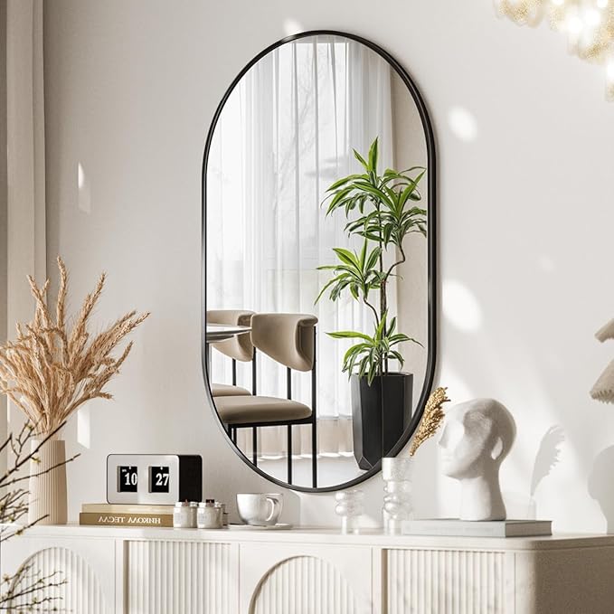 Black Oval Wall Mirror, 22x38 inch Oval Bathroom Mirror, Wall Mounted Vanity Mirror with Metal Framed, Tempered Glass and Reflective High Definition, Mounted Horizontally or Vertically