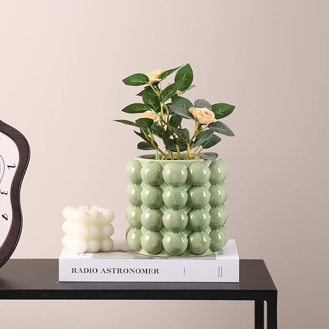 Bubble Vase, Small Vase, Green Ceramic Vase, Short Vase, Ceramic Flower Vase, Unique Vase Home Decor, Decorative Vase for Flowers, Living Room, Bedroom, Office, Shelf, Coffee Table, 5 Inches