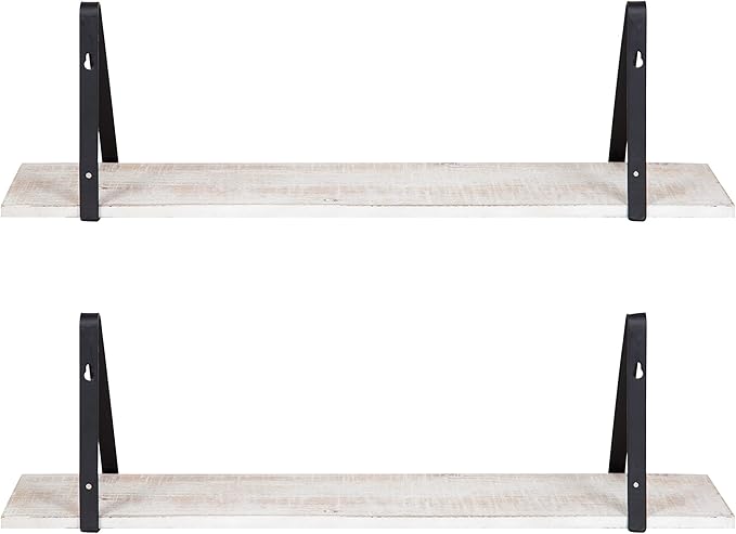 Kate and Laurel Soloman White Wooden Shelves with Black Metal Brackets, 2 Piece Set