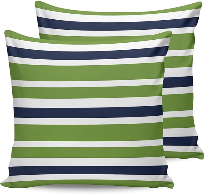Outdoor Waterproof Throw Pillow Covers Set of 2 Navy Blue Green Stripes Decorative Outdoor Pillows Cushion Case 24x24 Inch Classic Striped Patio Pillows for Couch Sofa Bed Garden Office Home Decor