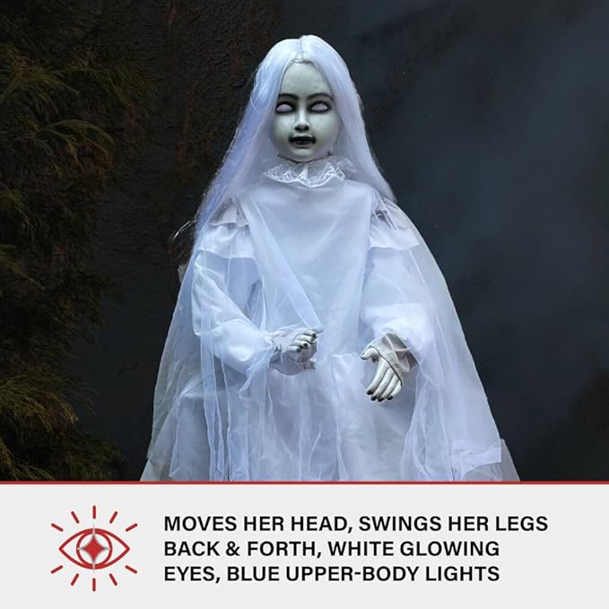 Haunted Hill Farm Motion-Activated Sitting Tombstone Girl by Tekky, Talking Animatronic for Indoor or Covered Outdoor Creepy Halloween Decorations, Plug-In or Battery Operated Prop