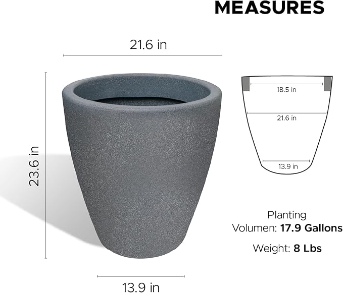 Elly Décor 23 inch Planter for Garden with Drainage, Large Round, Lightweight & Extremely Durable, Deck Indoor/Outdoor Plastic Pot, 23.6" x 21.6"x14, Granite Gray