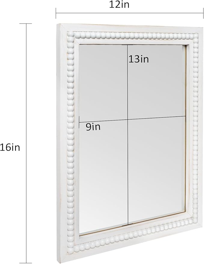 White Wood Beaded Frame Wall Mount Mirror, 12 x 16 Inches Modern Farmhouse Real Glass Horizontal/Vertical Hanging Mirror for Bathroom, Living Room, Entryway