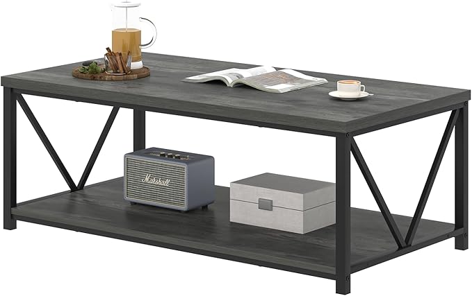 EXCEFUR Coffee Table, Rustic Wood and Metal Living Room Table, Industrial Rectangle Center Table with Storage Shelf, 47 Inch Grey