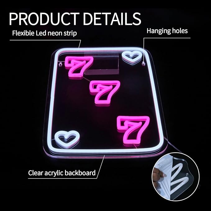 Lucky 777 Neon Sign for Wall Decor Dimmable Pink Poker Led Lights Signs for Bedroom Luck Seven Neon Light for Game Room Living Room Party Decoration Birthday Gift for Kids Girl