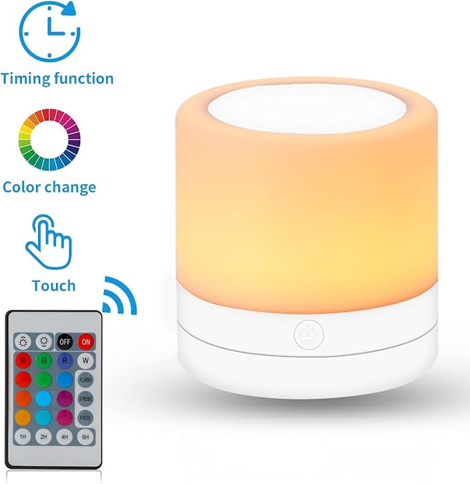 Nursery Night Light for Kids, USB Rechargeable Small Desk Lamp,13 RGB Colors & 4 Brightness & 1 Remote, Touch Bedside Cordless Table Lamp, Portable Night Lamp for Bedroom Living Room Home (White)