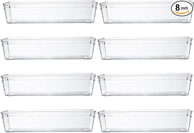 Backerysupply Clear Plastic Drawer Organizer Tray for Vanity Cabinet (9"×3"×2",Set of 8),Storage Tray for Makeup, Kitchen Utensils, Jewelries, and Gadgets