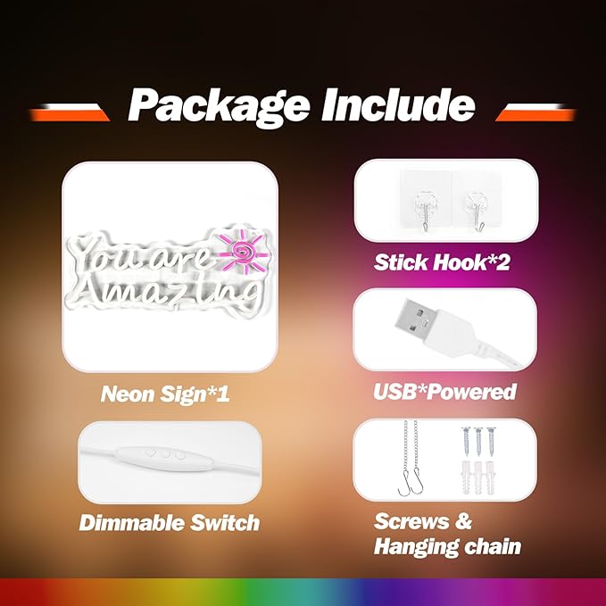 Goneons You Are Amazing Neon Sign for Wall Decor,Dimmable USB Powered Warm White LED Neon Light for Bedroom Classroom Bar Pub Club Party Birthday Gift(15.75"*6.3")