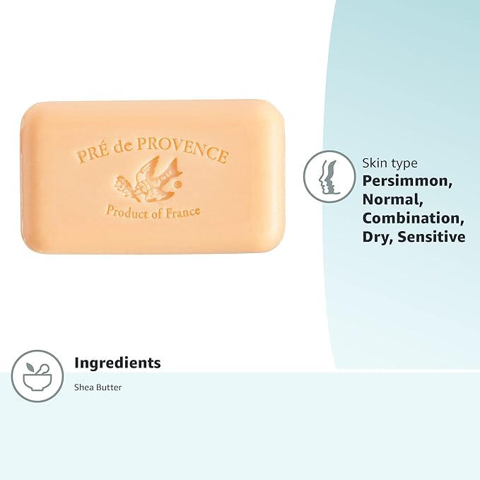 Pre de Provence Artisanal Soap Bar, Natural French Skincare, Enriched with Organic Shea Butter, Quad Milled for Rich, Smooth & Moisturizing Lather, Persimmon, 5.3 Ounce