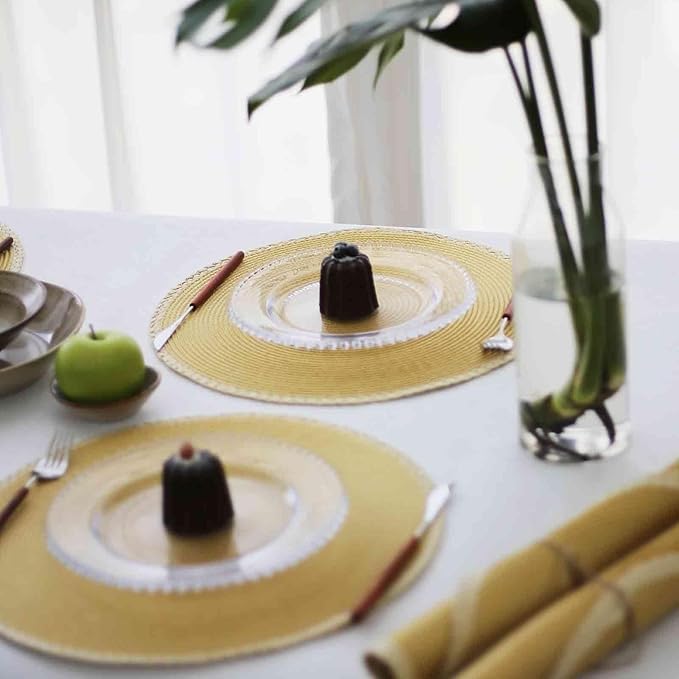 Noctiflorous Round Braided Placemats Set of 4 Table Mats 15 Inches Washable Heat Resistant for Dining Table Non-Slip Indoor Outdoor Place Mats for Easter(01 Ginger Yellow 4)