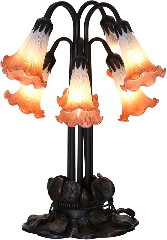 Bieye L10953 Lily Flower Blown Glass Accent Table Lamp for Living Room Bedroom Decoration (Orange, 8-Light)