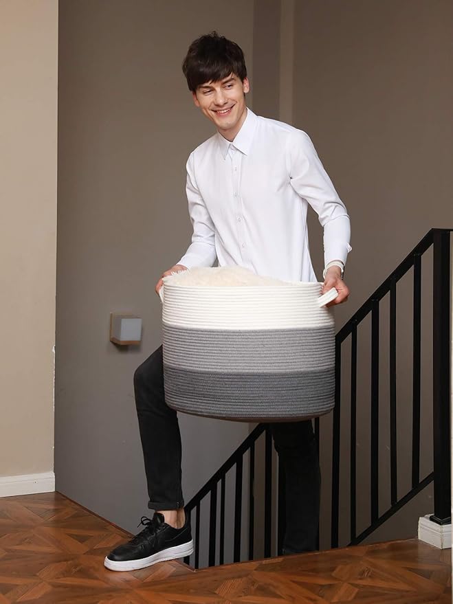 20" x 20" x 15" Extra Large Storage Basket with Lid, Cotton Rope Storage Baskets, Laundry Hamper, Cloth Bin, for Clothes Towels Blankets Pillows Storage in Living Room, Grey/Dark Grey with Cover