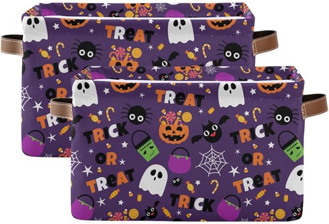Happy Halloween Purple Storage Basket Fabric Kitchen Baskets Pumpkin Skull Ghost Bat Trick or Treat Open Home Storage Bins Boxes Foldable for Candy Toy Decorations Baskets 16×12×8 Inches
