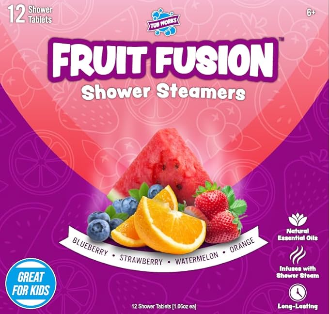 Tub Works® Fruit Fusion™ Shower Steamers for Kids, Variety 12 Pack | Fresh & Fruity Shower Steamers Aromatherapy | Fun Shower Bombs | Alternative to Kids Bath Bombs for a Sensory Shower Experience