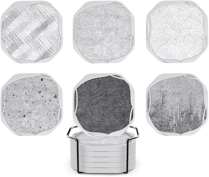 UMIRRO Absorbent Coasters for Drinks with Holder, Silicone Cup Coaster with Felt Insert for Coffee Table Decor, Small Unique Birthday Gift Ideas for Men, Dad, Him, Women Mom, Her, 4", Grey, Set of 6