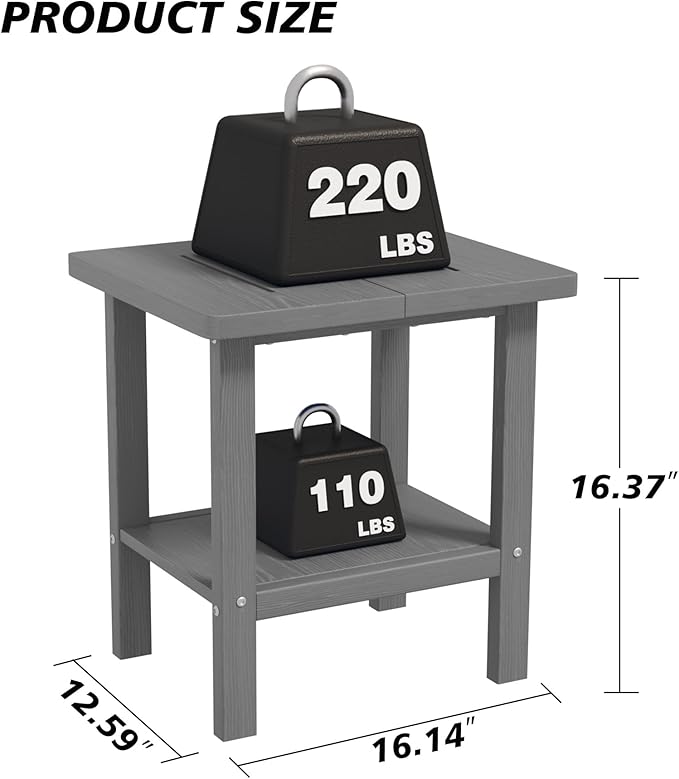2-Tier Adirondack Square Outdoor Side Table, Pool Composite Patio Table, Weather Resistant End Table for Patio, Backyard, Pool, Easy Maintenance - Gray