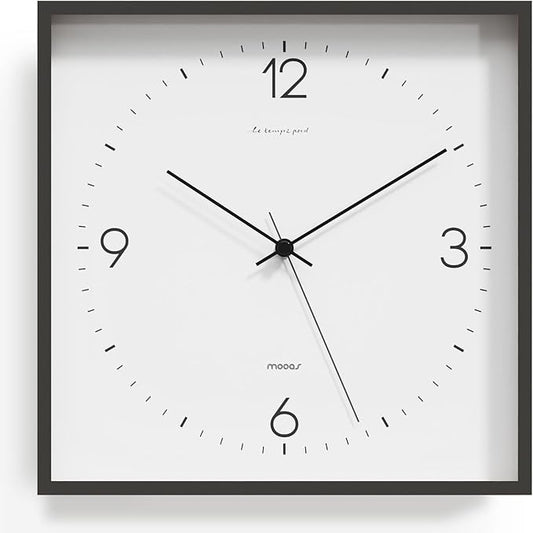 mooas Modern Frame Wooden Wall Clock Black, 12" Non-Ticking Sweep Movement Decorative Battery Operated Wood Wall Clock for Home Living Room Kitchen Bedroom Office Cafe School