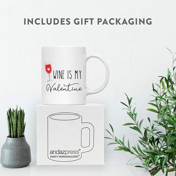 Andaz Press Valentine’s Day Funny 11oz. His Her Couples Coffee Mug Gift, Wine Is My Valentine, Glass Graphic, 1-Pack, Gift Box
