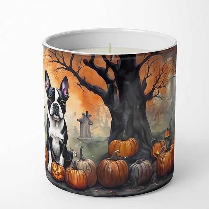 Caroline's Treasures DAC2023CDL Boston Terrier Spooky Halloween Decorative Soy Candle Nature Soy Wax Essential Oil Home Decor Ideal for Bedroom Kitchen Bath Office Gift, 10 oz