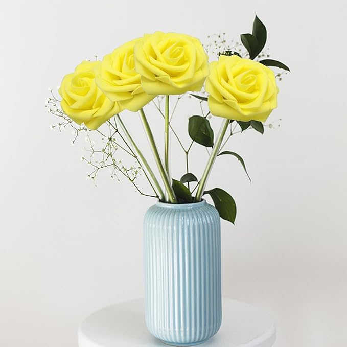 100PCS Yellow Artificial Flowers Roses Real Looking Foam Fake Roses with Leaves and for DIY Wedding Bouquets Bridal Shower Centerpieces Party Decorations (Yellow, 100)