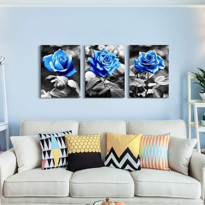 bedroom Wall Art for living room bathroom Wall Decor for kitchen family pictures artwork Black and white Blue rose flowers Canvas paintings 16" x 24" 3 Pieces framed Modern office Home decorations