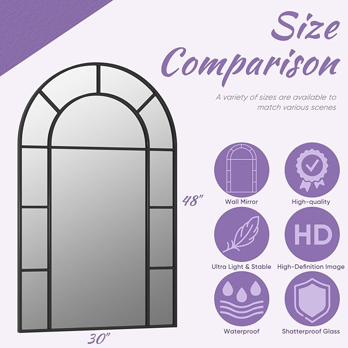 Bathroom Mirror, 32x48 Arched Wall Mirror, Black Wall-Mounted Mirrors, Bathroom Vanity Mirror, Mirrors for Over Sink, Bathroom, Living Room, Bedroom, Entryway