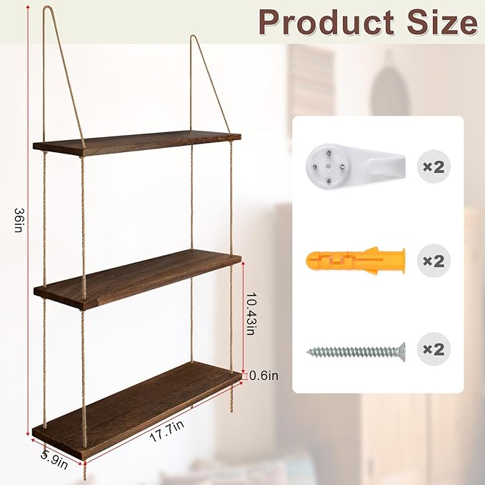 Hanging Floating Shelves for Wall,3 Tier Rustic Wood Wall Shelves for Bedroom,17.7'' Length Bathroom Shelves,Rope Hanging Shelf for Display Plants,Photo Frame,Boho Decor for Living Room