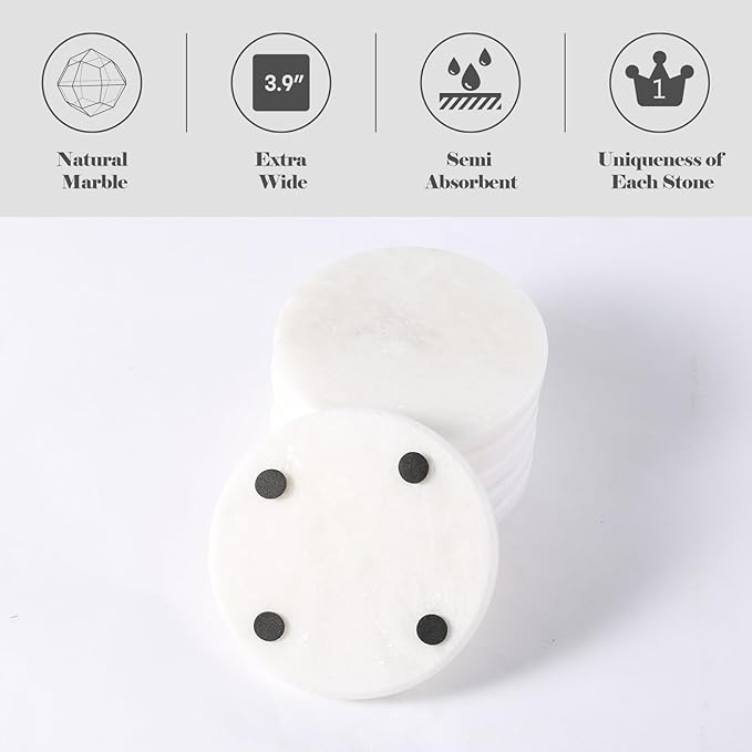 Koville Round Marble Coasters Set of 6 for Coffee Table, 3.9" Inches Handmade Coaster, Luxury Aesthetic Modern Drink Coaster for Table Décor Home Décor, White Cup Coasters for Dining, Bar or Office