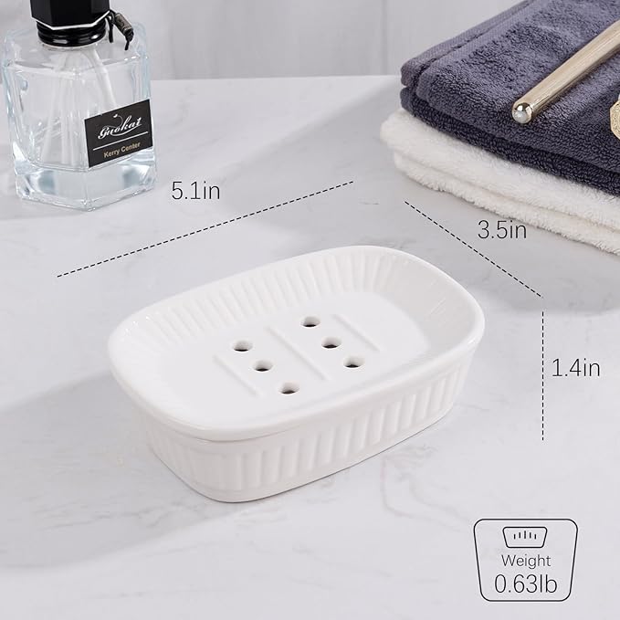 Ceramic Soap Dish, Self-draining Soap Holder, Double Layer Bar Soap Holder, White Draining Soap Dishes for Bathroom Shower Kitchen, Minimalist Vintage Style, Keep Soap Dry, ANTIS'S HOME