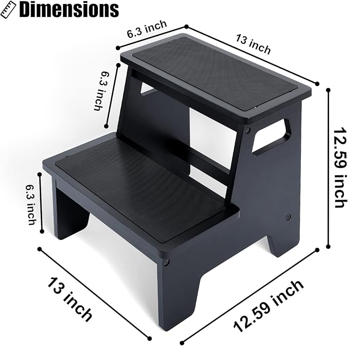 Kids Step Stools for Toddlers Bathroom Wood Toddler Step Stool Kitchen Counter Sink Baby Stepstools Bamboo Wooden Foot Bed Stool for Child Potty Training Toilet Stool Stepping Stool, Black with Pads