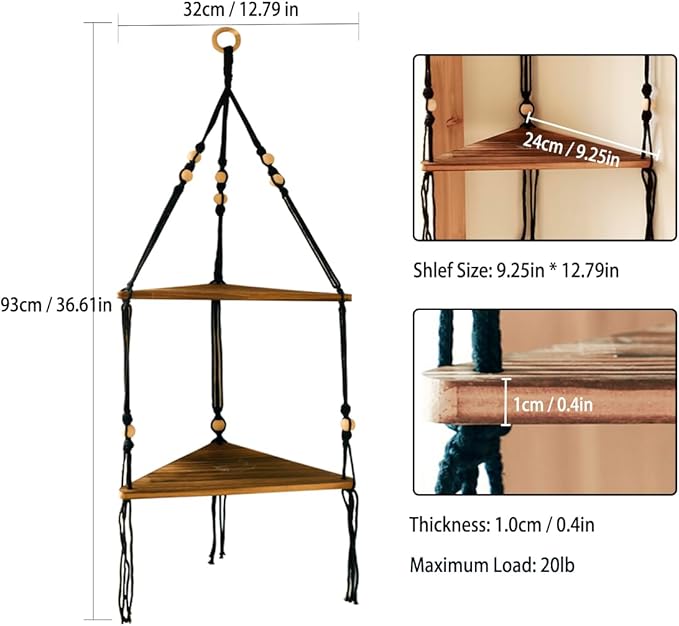 Artilady Black Corner Shelf Wall Hanging - 2 Tier Wood Floating Shelves, Rustic Boho Wall Shelf Decor Hand Woven Cotton Rope Storage Rack for Plants Pots Photo Frames (Black)