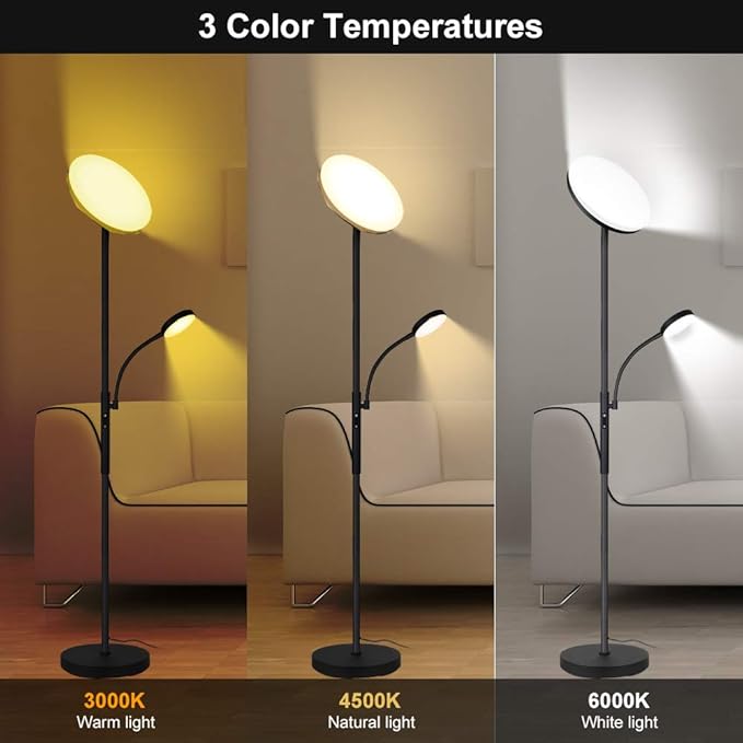 Dimunt Floor Lamp LED Floor Lamps for Living Room Bright Lighting, 27W/2000LM Main Light and 7W/350LM Side Reading Lamp, Adjustable 3 Colors Tall Lamp with Remote & Touch Control