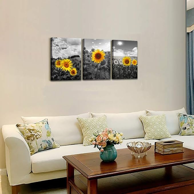 Canvas Wall Art For Living Room Family Wall Decor For Kitchen Black And White Pastoral Scenery Sunflower Flowers Bedroom Wall Painting Home Decoration Bathroom Wall Pictures Artwork 16x12 3 Piece