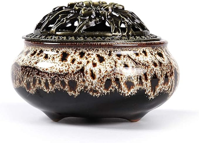 Ceramic Incense Burner with Incense Stick Holder + Insulation use for Stick or Coil Incense, Sage Cones and Frankincense (Fambe Gray)