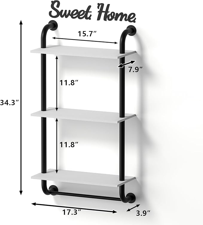 Wall Shelves 3-Tier, Bathroom Shelves Over Toilet, Rustic Industrial Pipe Shelves, Farmhouse Bathroom Decor, Floating Shelf Wall Decor for Bedroom, Living Room 17.3 inch, White