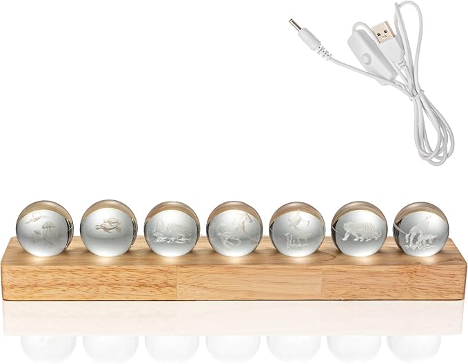 7 Glass Laser Balls with LED Wooden Base 3D Crystal for Mother Son Theme Lights Up as Night Light for Room Decoration, Gifts for Women - Healing Spheres for Meditation in Home Office on Mothers Day