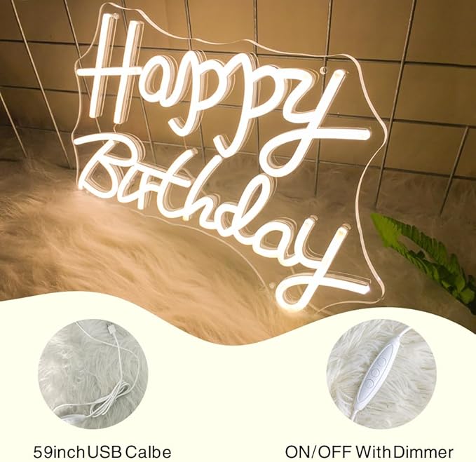 Happy Birthday Neon Sign for Wall Decor, Usb Powered with Dimmable Switch, Reusable Neon Light Sign for All Party Decoration Happy Birthday Signs (16" Warm white)