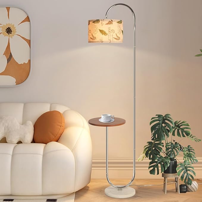 Hsyile Arc Floor Lamp with Hanging Drum Shade for Living Room-Marble Base Modern Tall Stand Up Light with Table, Contemporary Over The Couch Chrome Lamp Standing Lamps