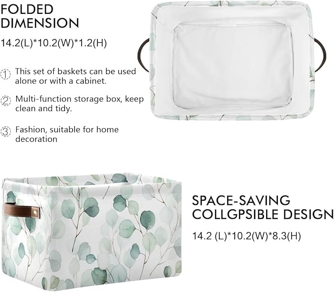 Wamika Leaves Flowers Storage Basket, Green and White Boho Botanical Foldable Storage Bins, 16x12x8 Inches, Durable Canvas Material, Easy to Clean, Collapsible for Space-Saving Storage