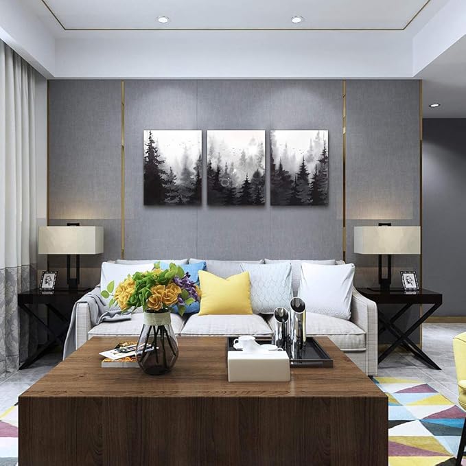 Scenery Watercolor Painting 3 Pieces Canvas Wall Art For Living Room Wall Decor For Bedroom Decorations Modern Office Home Decoration Black And White Forest Landscape Posters Canvas Prints Artwork
