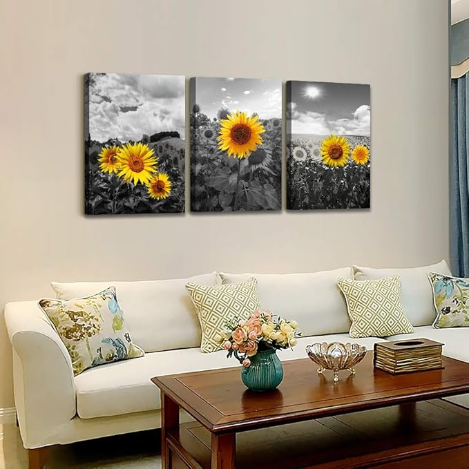 Large size Canvas Wall Art for Living Room family Bedroom wall painting Decoration,Bathroom Wall Decor kitchen Home Decoration Black and white sunflower flowerswall pictures artwork,16x24 3 piece