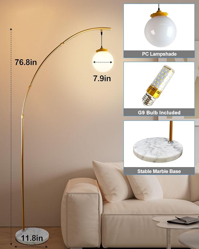 Lightdot Gold Modern Floor Lamp for Living Room, 76Inch Arc Tall Standing Lamp with Marble Base and Globe Bulbs Included, 3000K Warmwhite Modern Mid Century Floor Lamp for Bedroom & Home Office