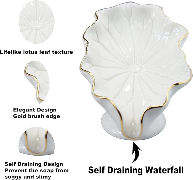 Soap Dish Ceramic White Lotus Leaf Shape Soap Holder Self Draining Soap Dish Waterfall Slot Sponge Holder Bathroom Accessories for Bathroom, Kitchen,Bar Counter.