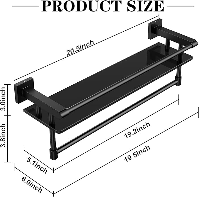 Glass Shelf for Bathroom 20 Inch Bathroom Shelves with Towel Bar Tempered Glass Shelves with Stainless Steel Towel Holder for Wall (All Matte Black)