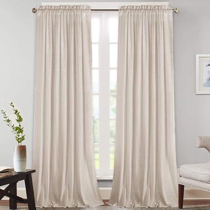PrinceDeco Light Filtering Linen Curtains with Soft Linen Burlap, Rod Pocket Decorative Rustic & Casual Window Drapes for Living Room/Bedroom, Angora, 2 Pair, W52 x L108