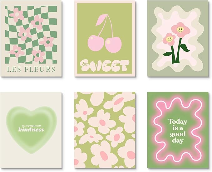 Habseligkeit Green Danish Pastel Wall Decor for Girls Dorm, Aesthetic Cute Room Decor, Preppy Wall Art Prints for Room Decor Aesthetic Unframed, 8x10in, Set of 6