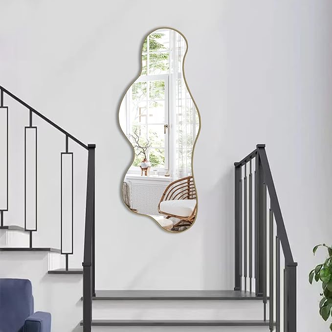 POZINO Irregular Wall Mirror, Asymmetrical Mirrors, 39.3"x16" Cloud Shaped Mirror, Gold Modern Mirrors for Bathroom Living Room Bedroom Entryway