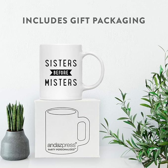 Andaz Press Valentine’s Day Funny 11oz. His Her Couples Coffee Mug Gift, Sisters Before Misters, 1-Pack, Gift Box