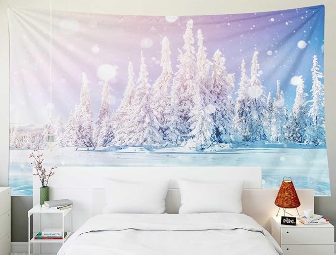 EMMTEEY Magical Forest Tapestry - Mysterious Landscape Blue Ice Lake Frozen Snow Tree Wall Hanging 92.5X70.9 Door Decor